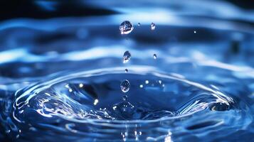 Water drops falling into a pool of water, creating ripples and splashes, captured in a close-up shot with a blue tint, emphasizing the purity. photo