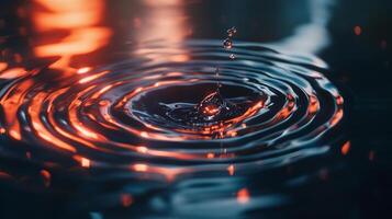 Water droplet impact creating ripples, with red and blue light adding contrast and depth to the fluid's movement. photo