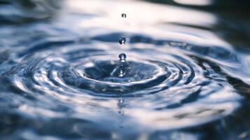 Water droplets falling into a pool creating ripples. A calming image of nature and serenity reflecting light and movement on a water surface. photo