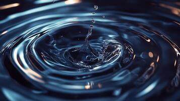 Captivating water drop plunging into a pool, creating ripples. Mesmerizing interplay of light and liquid. Pure freshness in motion. photo