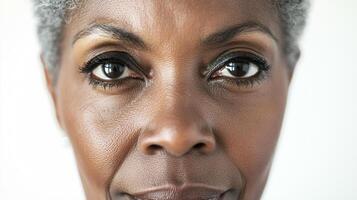 Close-up of a mature woman with kind eyes and grey hair, radiating quiet strength and confidence. Focused on her captivating expression. photo