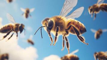 A swarm of bees is captured in flight against a bright blue sky, showcasing their vital role in the ecosystem and pollination. photo