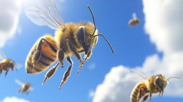 Bees fly in a sky filled with clouds. The insect looks towards the viewer and has wings that look slightly transparent. photo