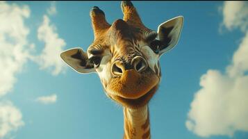 Giraffe portrait against a cloudy sky, captured from a low angle, showcasing its distinctive patterns and facial features in a bright, sunny day. photo