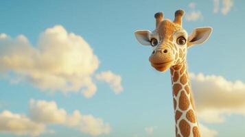 A whimsical, animated giraffe stands tall against a sunny sky filled with fluffy white clouds, creating a cheerful and imaginative scene. photo