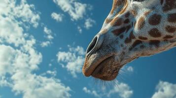 Close-up of a giraffe's head and face against a backdrop of blue skies and fluffy white clouds, emphasizing its unique features and majestic presence. photo
