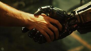 A human hand clasped in a handshake with a mechanical hand of a cyborg or robot. Future cooperation and teamwork are depicted. photo