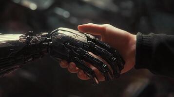 A human hand clasps the metallic hand of a robot, symbolizing connection and technological advancement. The handshake shows partnership. photo
