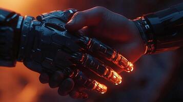 A human and a robot shake hands, forging a connection between organic and machine. Symbolizing collaboration and the future of technology photo