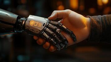 Human and Robot handshake. Depicts a sci-fi concept of collaboration, partnership, and the blending of humanity with artificial intelligence. photo