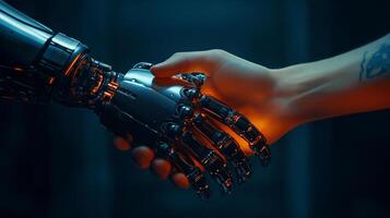 Handshake between a human and a robot shows cooperation and collaboration. Symbolizing unity and technological advancement. photo