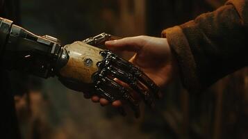 A human hand gently holds a robotic hand in a symbol of partnership, connection, or healing in a dimly lit, rustic setting. photo