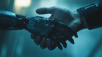 A close-up of a robotic arm and human hand clasped in a handshake against a blurred, neutral backdrop, symbolizing unity or partnership. photo