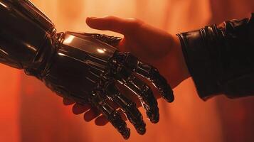 A handshake between a human and a robot represents a futuristic connection, highlighting potential collaboration and integration of technology. photo