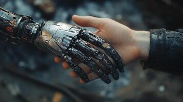 A human hand reaches out to grasp a metallic robotic hand in a gesture of connection, contrasting technology with humanity. photo