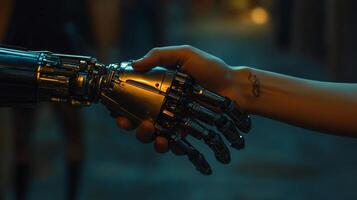 Close-up of a handshake between a human with a tattoo on their wrist and a futuristic, robotic hand, symbolizing unity and technological progress. photo