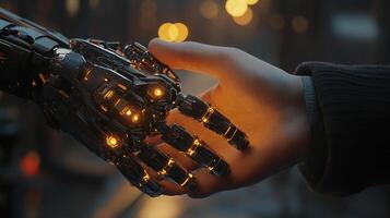 Human and futuristic robotic hands come together in a symbolic handshake, signifying partnership in a modern, dark, and city setting. photo