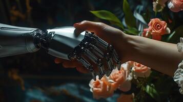 A symbolic handshake between a human and a robot, set against a backdrop of blooming flowers, signifies a union of technology and nature. photo