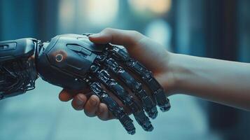Human and robot shaking hands symbolizing collaboration and the future of technology, depicting unity and partnership in a modern context. photo