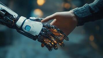 Human and robot shaking hands, symbolizing collaboration and future technology with mechanical precision in a blurred background. photo