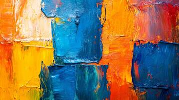 A textured canvas bursts with vibrant hues of blue, orange, and yellow, creating a dynamic and energetic abstract painting. photo