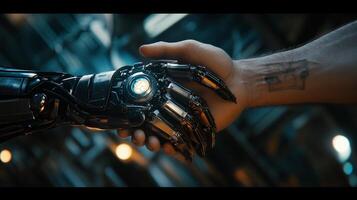 Human and robot hands clasping, symbolizing unity between humanity and advanced robotics, showcasing artificial intelligence and future technology. photo