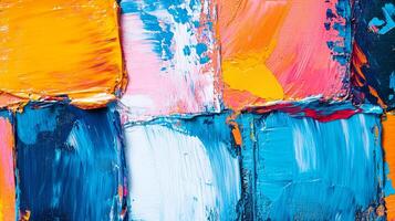 Abstract art featuring thick, textured brushstrokes of vibrant colors in a square pattern, creating a visually engaging composition. photo