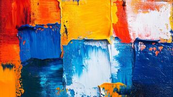 Bold brushstrokes converge in a vibrant tapestry of color. A modern abstract art piece using blues, yellows, oranges, and reds for a modern feel. photo