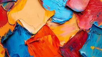 Close up of vibrant, thickly textured oil paint in warm hues of red, orange, and yellow, contrasting with cool blues, creating depth and movement. photo