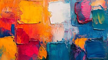 Close-up view of heavily textured abstract painting with vibrant color palette and varied brushstrokes that create depth and energy. photo