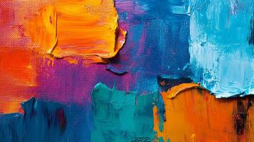 Abstract canvas art showcasing bold texture. Brushstrokes in blue, orange, purple, and green create depth and visual interest on the canvas. photo