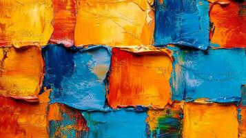 Vibrant mosaic of impasto paint strokes forming an abstract design. Bold blocks of color create visual texture and depth on canvas. photo