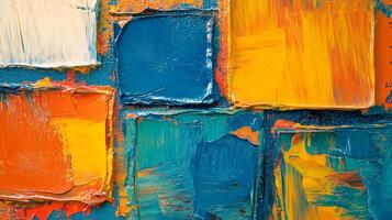 Close-up of a heavily textured painting with vibrant colors arranged in a grid-like pattern, showcasing depth and artistic expression. photo