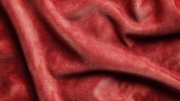 A plush, textured fabric in a deep coral hue, draped and folded to showcase its soft pile and rich color. Ideal for cozy designs. photo