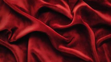 Luxurious texture of draped dark red velvet fabric with soft folds and deep shadows creating a rich and elegant visual experience. photo