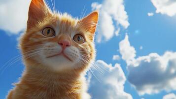 Ginger cat gazing at a bright blue sky. A sunny day with fluffy white clouds, an orange kitten looking up, curious and playful. photo
