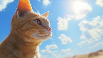 Ginger Cat Gazing into the Distance under a Bright Blue Cloudy Sky in Serene Contemplation, embodying the tranquil charm of feline nature. photo