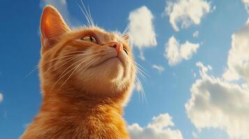 Low angle shot of a ginger tabby cat staring upwards on a sunny day with a vibrant blue sky and soft, puffy white clouds in the background. photo