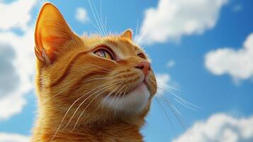 An adorable orange cat is gazing up at the sky with curiosity and wonder against a bright blue sky with fluffy white clouds backdrop. photo