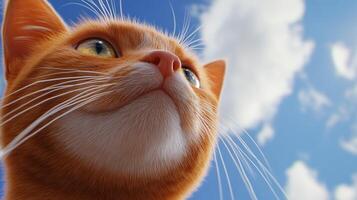 Low-angle shot of a cat's face against a blue sky background, capturing its inquisitive gaze towards the heavens and soft whisker details. photo