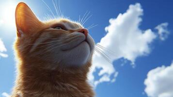 Ginger cat gazes skyward, sunlit fur glowing, with a backdrop of blue sky and fluffy white clouds, creating a serene and peaceful scene. photo