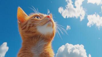 Ginger kitten gazing up at the sky, seemingly lost in contemplation, with a serene and peaceful expression against blue sky backdrop. photo