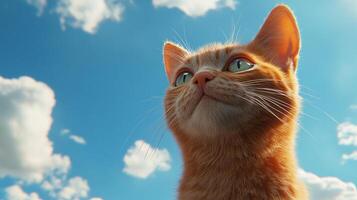 Ginger cat gazes upwards at the vast blue sky with fluffy white clouds, creating a serene and heartwarming scene. photo