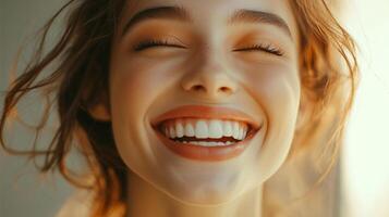 Radiant joy captured in a smile. Eyes closed, heart open, she's the picture of pure happiness. Feel the warmth of her captivating energy. photo
