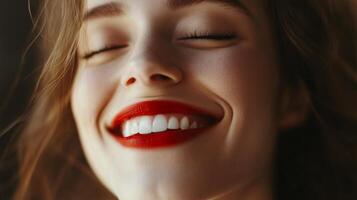 Close-up of a woman's face radiating joy and happiness. The image focuses on the bright smile and the closed eyes expressing contentment. photo
