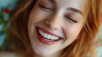 Close-up of a smiling woman with closed eyes, showcasing bright red lips and a radiant, joyful expression. Serene and happy mood. photo