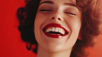 Close-up of a smiling woman with dark hair and red lipstick, eyes closed, against a red background, showcasing joy and positivity. photo