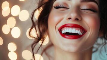 Radiant smile with red lipstick illuminating festive cheer. Expressing joy and celebration. Sparkling lights add warmth to the face. photo