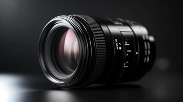 Macro lens with a black, sleek design and visible depth of field, perfect for capturing intricate details in photography. photo