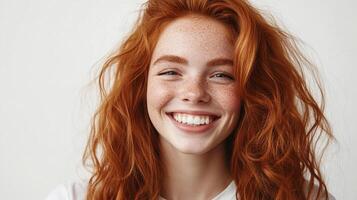 Radiant redhead smiles brightly, showcasing freckled skin and a genuine, joyful expression against a plain background. photo